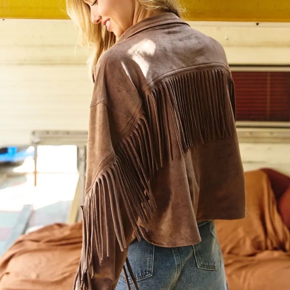 Womens Boho Faux Suede Ribbed Brown Fringed Jacket Sz large - Picture 5 of 5
